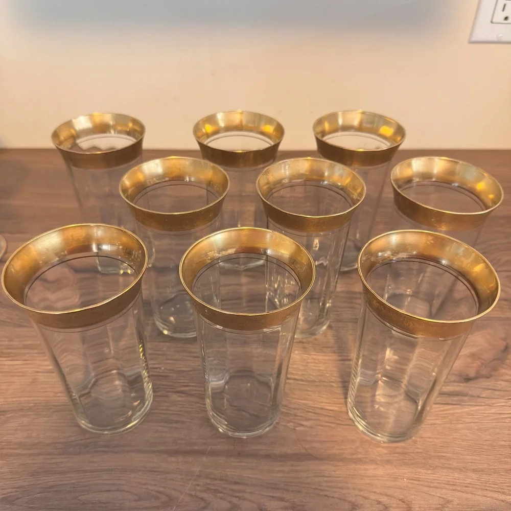 Tiffin 22k Gold Encrusted Highball Glasses Set of 9 Vintage Hollywood Regency